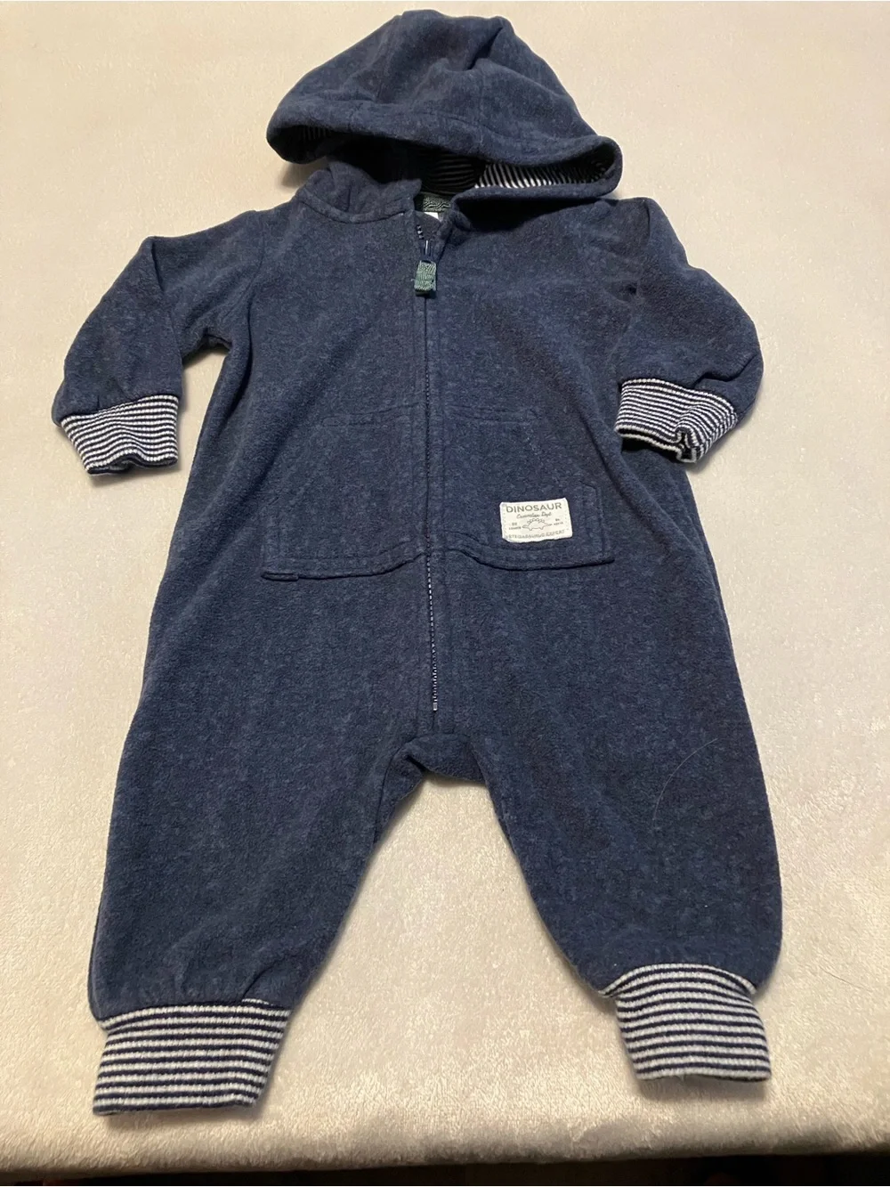 Dinosaur Navy Hooded One-Piece Romper with Striped Cuffs